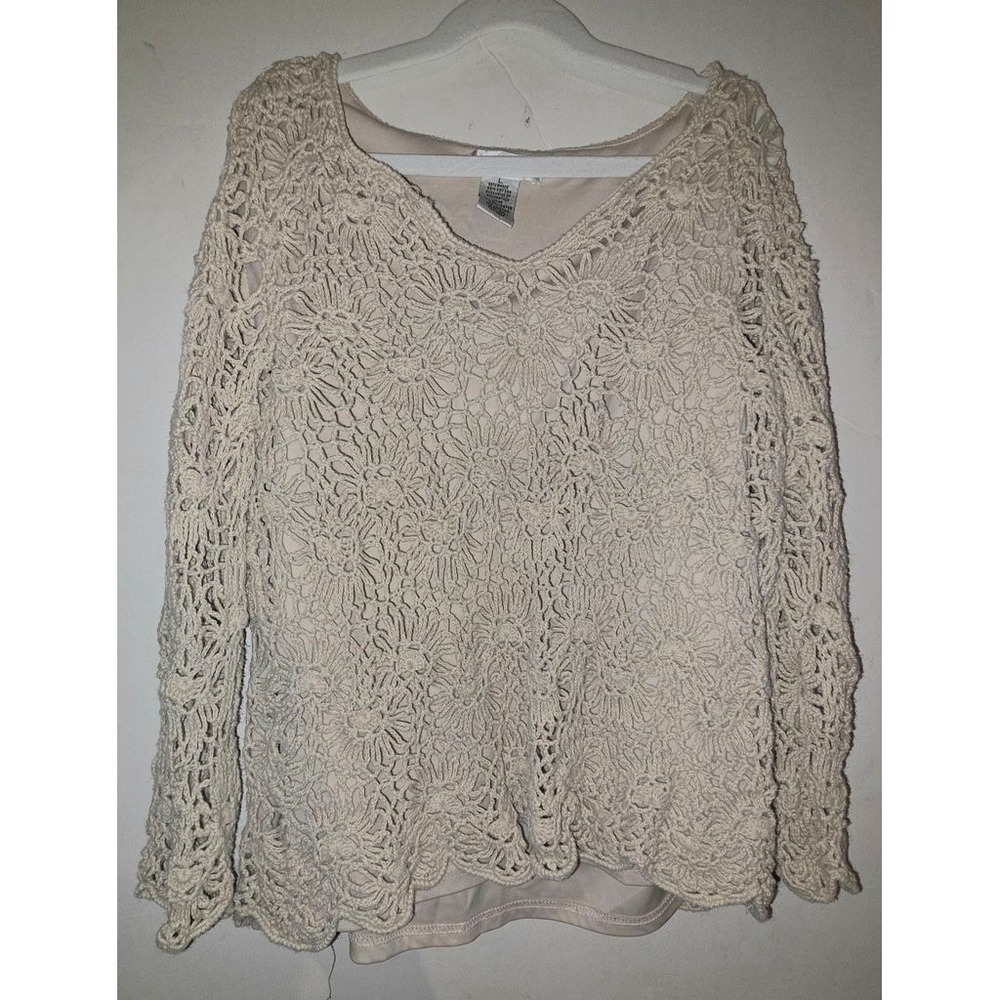 Drapers & Damons Beige Floral Crochet Long Sleeve Top Vintage L